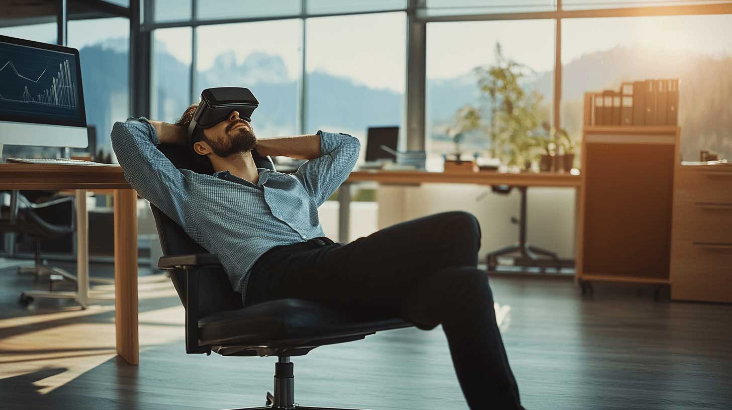 Mann mit VR-Headset entspannt sich in einem modernen Büro, die Beine ausgestreckt.