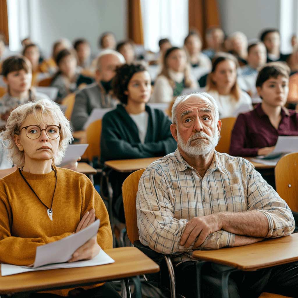Älteres Paar und weitere Personen hören aufmerksam aber gelangweilt bei einer Schulung zu.