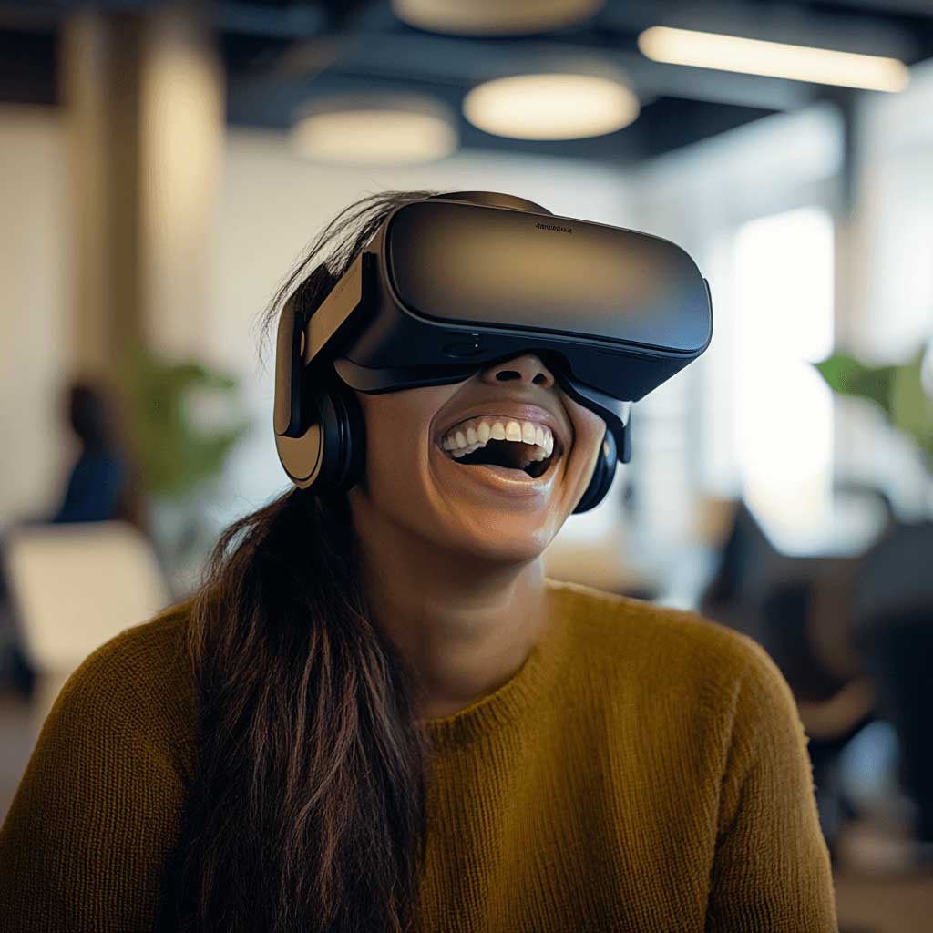 Frau mit VR-Headset lacht in einem modernen Büro.