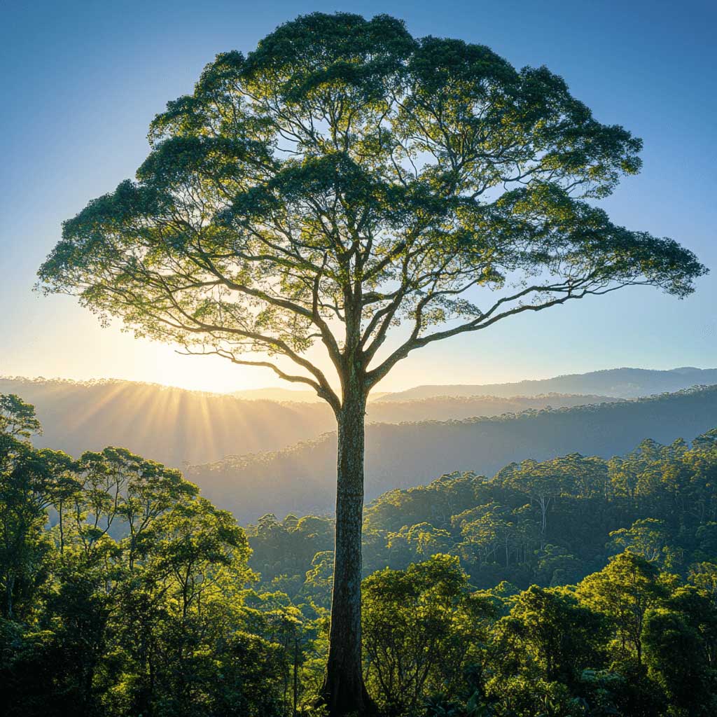 Großer Baum im Sonnenaufgang mit Blick auf bewaldete Hügel.